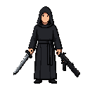 a priest in a dark, hooded black robe who fights with a sword and firearms.