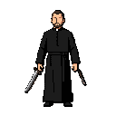 a priest in a somber black robe who fights with a sword and firearms.