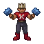 pode criar um personagem principal para o meu jogo?, ele usa uma manopla de ferro pintado de azul para atacar, ele tem uma bota marrom, uma calça larga cinza escuro, uma blusa vermelha com um x branco no meio, e a cabeça dele é um fogo branco com 2 olhos,