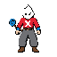 pode criar um personagem principal para o meu jogo?, ele usa uma manopla de ferro pintado de azul para atacar, ele tem uma bota marrom, uma calça larga cinza escuro, uma blusa vermelha com um x branco no meio, e a cabeça dele é um fogo branco com 2 olhos,