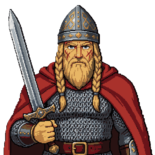 epic cinematic portrait of a slavic bogatyr, legendary ancient russian warrior, detailed face with a majestic braided blonde beard, intense blue eyes, battle scars. wearing a highly detailed steel chainmail, an authentic decorated conical helmet, and a re
