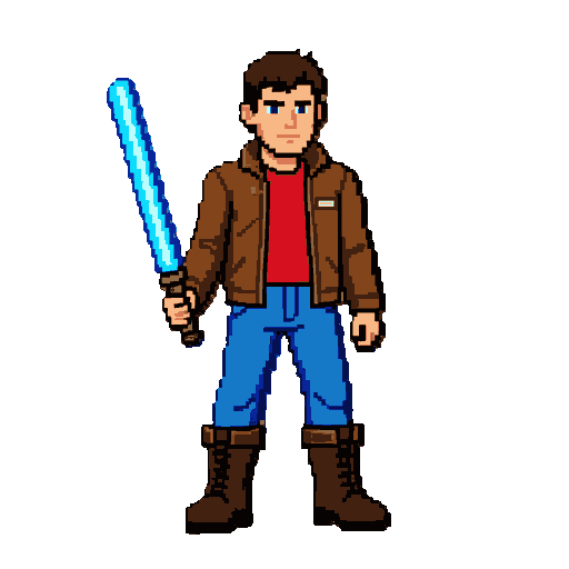 similar to julius belmont from castlevania: aria of sorrow, but with blue jeans, a red shirt, a brown leather jacket, dark brown army boots, and a blue light saber