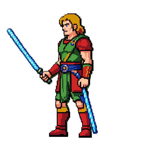 excellent! now turn him sideways with a stance like julius or soma from castlevania: aria of sorrow. put the blue light saber in the hand away from the screen 