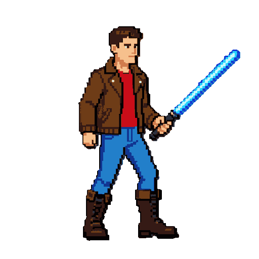 generated image preview similar to julius belmont from castlevania: aria of sorrow, but with blue jeans, a red shirt, a brown leather jacket, dark brown army boots, and a blue light saber. turn him sideways with a stance like nathan graves from castlevani