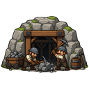 stone mine for an isometric medieval game, with 2 miners picking a stone with a pickaxe.