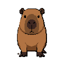 128 pixel art of a cute friendly capybara, front view facing forward. centered, stable posture. medium brown fur, dark brown snout with y-shaped nose, dark feet, small round ears, black dot eyes. solid flat gray background, clean video game sprite.