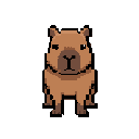 64x64pixel art of a cute friendly capybara, front view facing forward. centered, stable posture. medium brown fur, dark brown snout with y-shaped nose, dark feet, small round ears, black dot eyes. solid flat gray background, clean video game sprite.