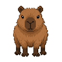 128 pixel art of a cute friendly capybara, front view facing forward. centered, stable posture. medium brown fur, dark brown snout with y-shaped nose, dark feet, small round ears, black dot eyes. solid flat gray background, clean video game sprite.