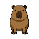 128 pixel art of a cute friendly capybara, front view facing forward. centered, stable posture. medium brown fur, dark brown snout with y-shaped nose, dark feet, small round ears, black dot eyes. solid flat gray background, clean video game sprite.