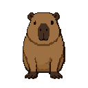 128 pixel art of a cute friendly capybara, front view facing forward. centered, stable posture. medium brown fur, dark brown snout with y-shaped nose, dark feet, small round ears, black dot eyes. solid flat gray background, clean video game sprite.