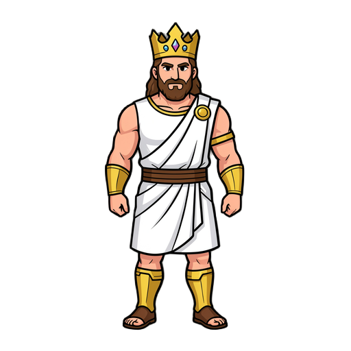 an imponent zeus, with a crown and a white tunic
