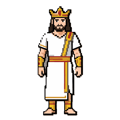 an imponent zeus, with a crown and a white tunic in pixel art