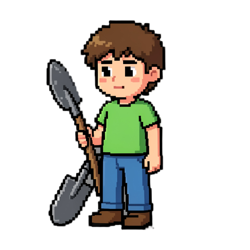 pixel art character sprite of a young kid holding a garden shovel, full body, front-facing three-quarter view, idle standing pose. authentic low-resolution pixel art: hard-edged pixels on a strict grid, limited 16-color palette, no anti-aliasing, no gradi