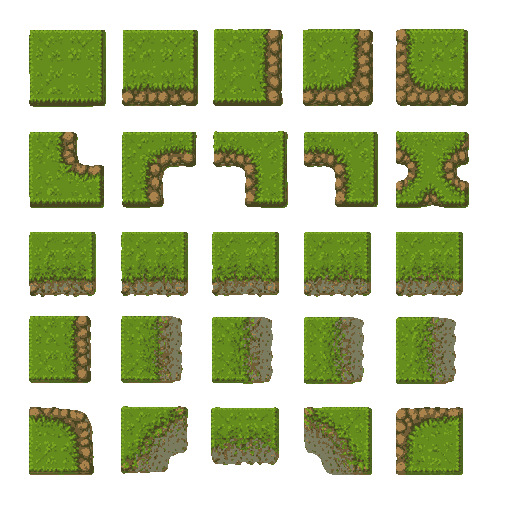 top-down 2d game terrain tile set, grass edge and transition tiles for unity tilemap, 64x64 pixel art style. create grass terrain variations including straight edges, outer corners, inner corners, and smooth transition borders. same art style as a top-dow