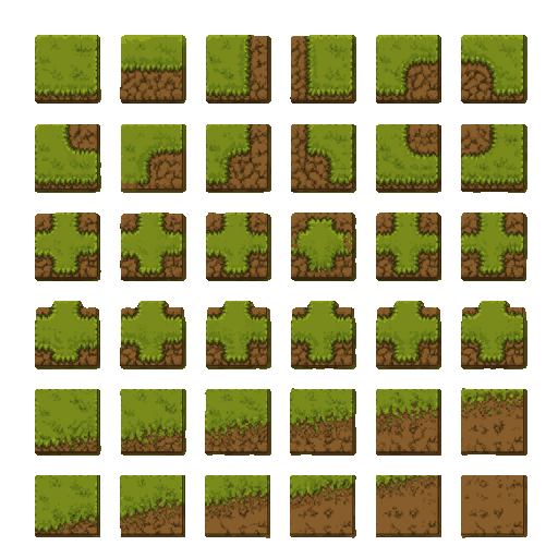 top-down 2d game terrain tile set, grass edge and transition tiles for unity tilemap, 64x64 pixel art style. create grass terrain variations including straight edges, outer corners, inner corners, and smooth transition borders. same art style as a top-dow