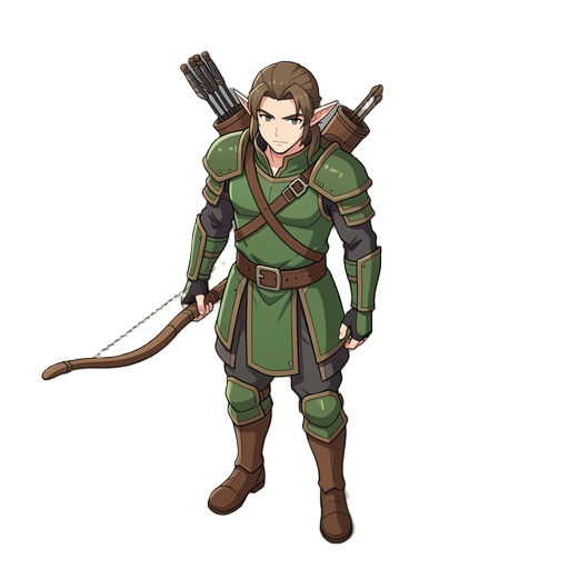 top-down 45 degree orthographic view, male elf archer, pointed ears, green leather armor, wooden bow in hand, quiver on back, clean outlines, sharp pixel details, transparent background