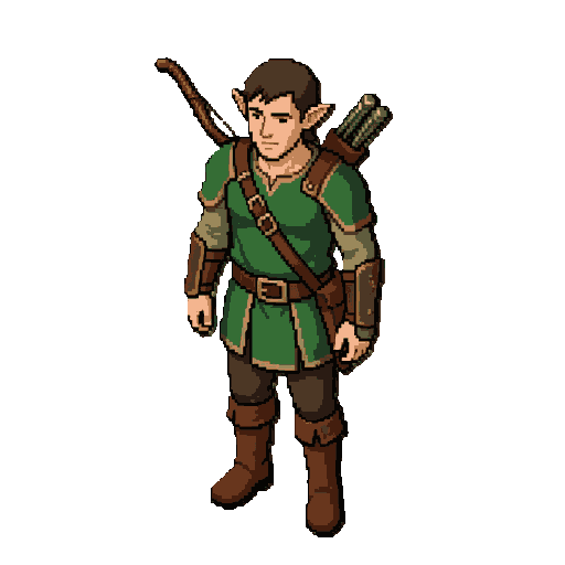 top-down 45 degree orthographic view, male elf archer, pointed ears, green leather armor, wooden bow in hand, quiver on back, clean outlines, sharp pixel details, transparent background