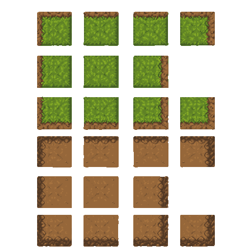 top-down 2d pixel art terrain tileset for unity tilemap, 64x64 pixel tiles. create a complete natural environment terrain set for an ant colony adventure game.  include: - grass center tile - grass edges (top, bottom, left, right) - grass outer corners - 