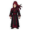 a handsome young male warrior from an eastern fantasy world, long crimson-red hair tied into a high ponytail with loose strands flowing in the wind, sharp golden-red eyes filled with confidence and determination. he wears an elegant black and dark crimson