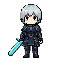 full-body side-view fantasy game character.  young ice swordsman with short silver hair, dark navy winter armor and a cyan crystal sword.  clear readable silhouette. three-head chibi proportions. plain background. no text.