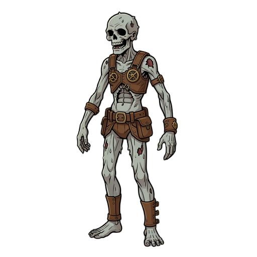 steampunk gross the creature is an tall, heavily emaciated humanoid entity—a reanimated corpse bearing the greyish, pale hue of decaying flesh. its body is racked by deep structural trauma: 