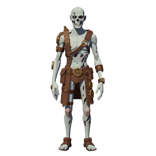 steampunk gross the creature is an tall, heavily emaciated humanoid entity—a reanimated corpse bearing the greyish, pale hue of decaying flesh. its body is racked by deep structural trauma: 