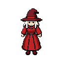 a witch, with red clothes and white hair, idle