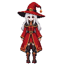 a witch, with red clothes and white hair, idle