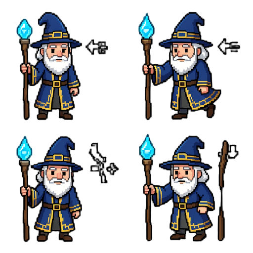 pixel art top-down fantasy wizard sprite sheet, 32x32 per frame, transparent background, consistent proportions, blue robe with gold trim, white beard, wooden staff with glowing blue crystal, idle 4 frames, walk up/down/left/right 4 frames each, attack up