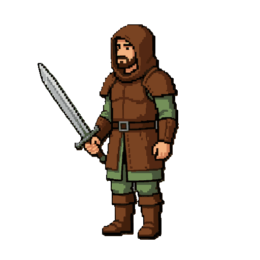 crie um personagem medieval em pixel art, visto de lado em perspectiva 2d, segurando uma espada com as duas mãos.  características do personagem: - guerreiro humano masculino - capuz marrom cobrindo parcialmente a cabeça - rosto visível, com barba curta -