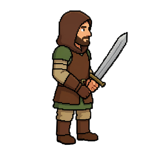 crie um personagem medieval em pixel art, visto de lado em perspectiva 2d, segurando uma espada com as duas mãos.  características do personagem: - guerreiro humano masculino - capuz marrom cobrindo parcialmente a cabeça - rosto visível, com barba curta -