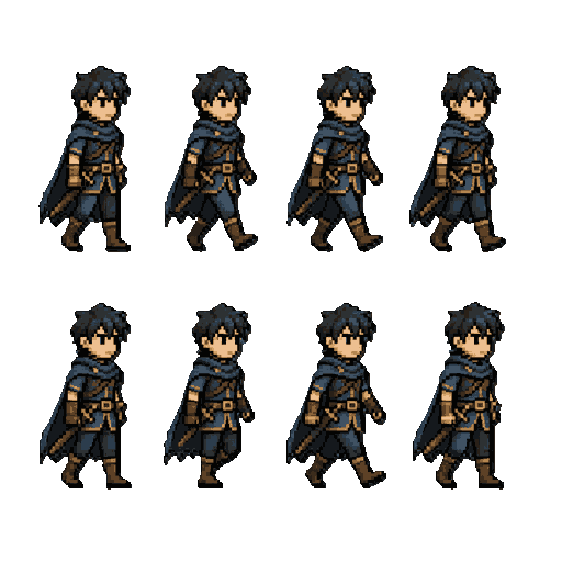 use a imagem como referência. crie uma sprite sheet de caminhada em pixel art com 8 frames em loop. personagem andando para a direita, movimento natural, pernas e braços alternados, cabeça, tronco, capa e espada acompanhando o movimento. preserve todos os