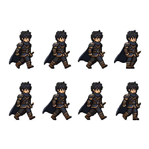 use a imagem como referência. crie uma sprite sheet de caminhada em pixel art com 8 frames em loop. personagem andando para a direita, movimento natural, pernas e braços alternados, cabeça, tronco, capa e espada acompanhando o movimento. preserve todos os