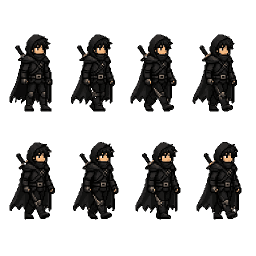 crie uma sprite sheet de idle em pixel art com 8 frames em loop. personagem andando para a direita, movimento natural, pernas e braços alternados, cabeça, tronco, capa e espada acompanhando o movimento. preserve todos os detalhes da referência, mantendo p