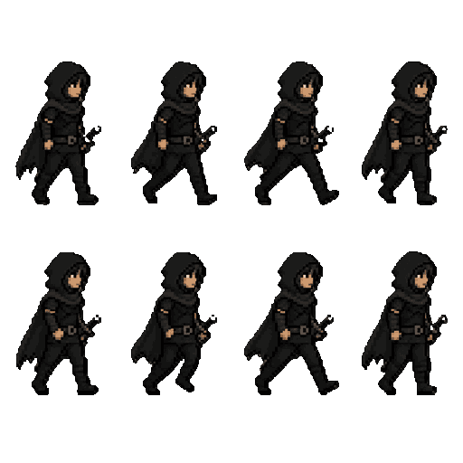 crie uma sprite sheet de walk em pixel art com 8 frames em loop. personagem andando para a direita, movimento natural, pernas e braços alternados, cabeça, tronco, capa e espada acompanhando o movimento. preserve todos os detalhes da referência, mantendo p