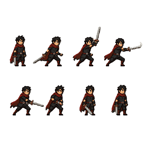 use a imagem como referência. crie uma sprite sheet de ataque em pixel art com 8 frames em loop. personagem andando para a direita, movimento natural, pernas e braços alternados, cabeça, tronco, capa e espada acompanhando o movimento. preserve todos os de