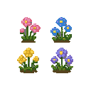 tiny wildflower pixel art sprites, top-down view, scaled smaller than an ant. sharp 16x16 clusters: pink, blue, yellow, purple blossoms. clean pixels, transparent background.
