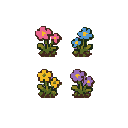 tiny wildflower pixel art sprites, top-down view, scaled smaller than an ant. sharp 16x16 clusters: pink, blue, yellow, purple blossoms. clean pixels, transparent background.