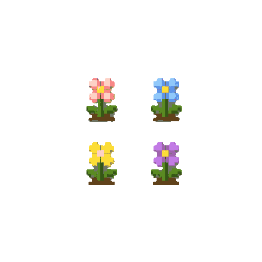 tiny wildflower pixel art sprites, top-down view, scaled smaller than an ant. sharp 16x16 clusters: pink, blue, yellow, purple blossoms. clean pixels, transparent background.