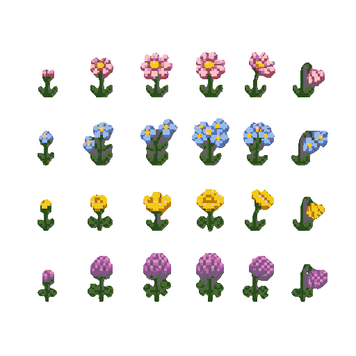a professional 2d pixel art sprite sheet of tiny, delicate wildflowers, specifically designed to be smaller than a single worker ant. the sheet contains several distinct 16x16 pixel clusters: miniature pink daisies, small blue forget-me-nots, tiny yellow 