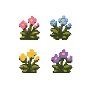 tiny wildflower pixel art sprites, top-down view, scaled smaller than an ant. sharp 16x16 clusters: pink, blue, yellow, purple blossoms. clean pixels, transparent background.