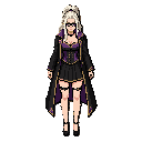 a tall, elegant dark-fantasy sorceress with fair skin, violet eyes, black glasses, and extremely long platinum-blonde hair in a high ponytail. she wears a fitted black gothic corset dress with purple accents, gold trim, a short skirt, long coat, thigh jew