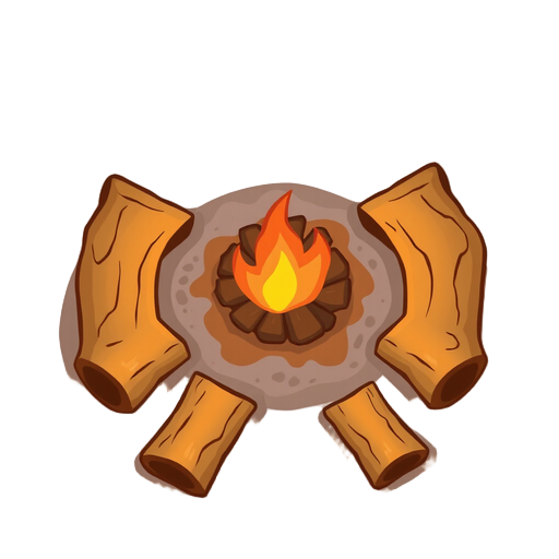 cute cartoon 2d top-down campfire game asset, flat overhead view looking directly down, stylized natural earthy brown wooden logs arranged in a circle, surrounded by small burnt soil area, with bright warm orange and yellow flickering flames in the center