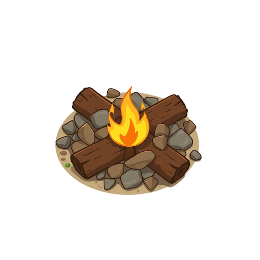 a simple cartoon survival campfire game asset, top-down view, a small campfire made of crossed wooden logs with stones surrounding the fire, warm glowing flame in the center, simple clean stylized 2d game art, cute but suitable for survival colony game, n