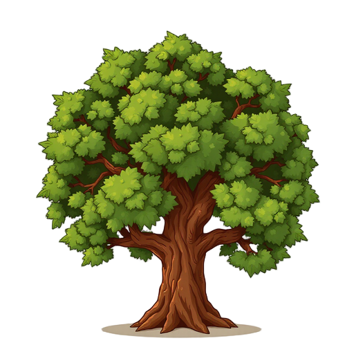 2d top-down view stylized oak tree for survival game, dense green foliage, wooden textured trunk, clean cartoon illustration, white background