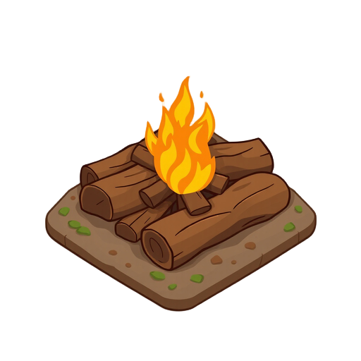 cute cartoon isometric campfire game asset, clean smooth vector art, stylized natural earthy brown wooden logs with warm glowing orange and yellow painted flames, vibrant yet earthy color palette, solid background, top-down oblique isometric view.
