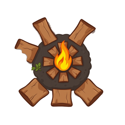 cute cartoon 2d top-down campfire game asset, flat overhead view looking directly down, stylized natural earthy brown wooden logs arranged in a circle, surrounded by small burnt soil area, with bright warm orange and yellow flickering flames in the center