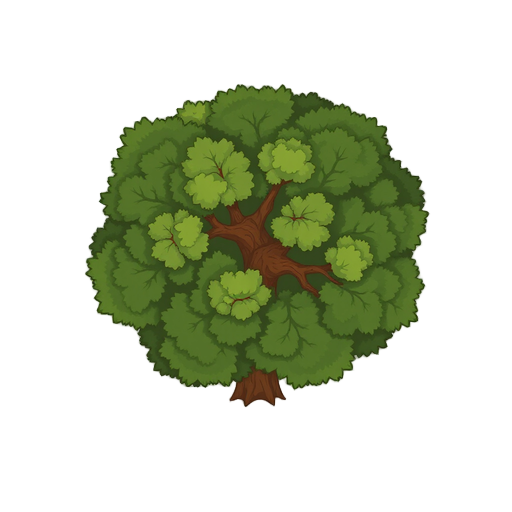 2d top-down view stylized oak tree for survival game, dense green foliage, wooden textured trunk, clean cartoon i2d game asset, top-down view stylized oak tree, perfectly round dense green canopy seen from directly above, only a tiny sliver of thick brown