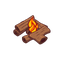 cute cartoon isometric campfire game asset, stylized natural earthy brown wooden logs with warm glowing orange and yellow flickering flames, cozy survival theme, clean vector game art style, vibrant yet earthy color palette, isolated on a solid background