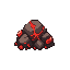 modern polished pixel art game asset, small red energy ore deposit, rounded dark gray stone with small crimson mineral veins and tiny red crystal fragments, subtle magical glow, common resource node, not a legendary crystal, not oversized, natural rocky f